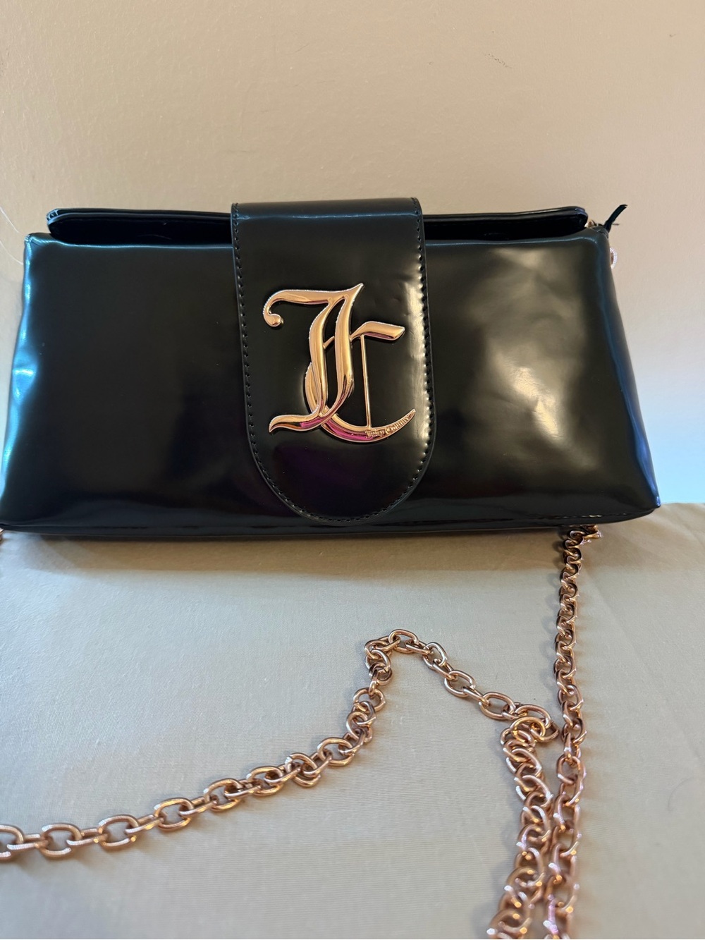 Black Patent Leather Crossbody Clutch with Gold Chain